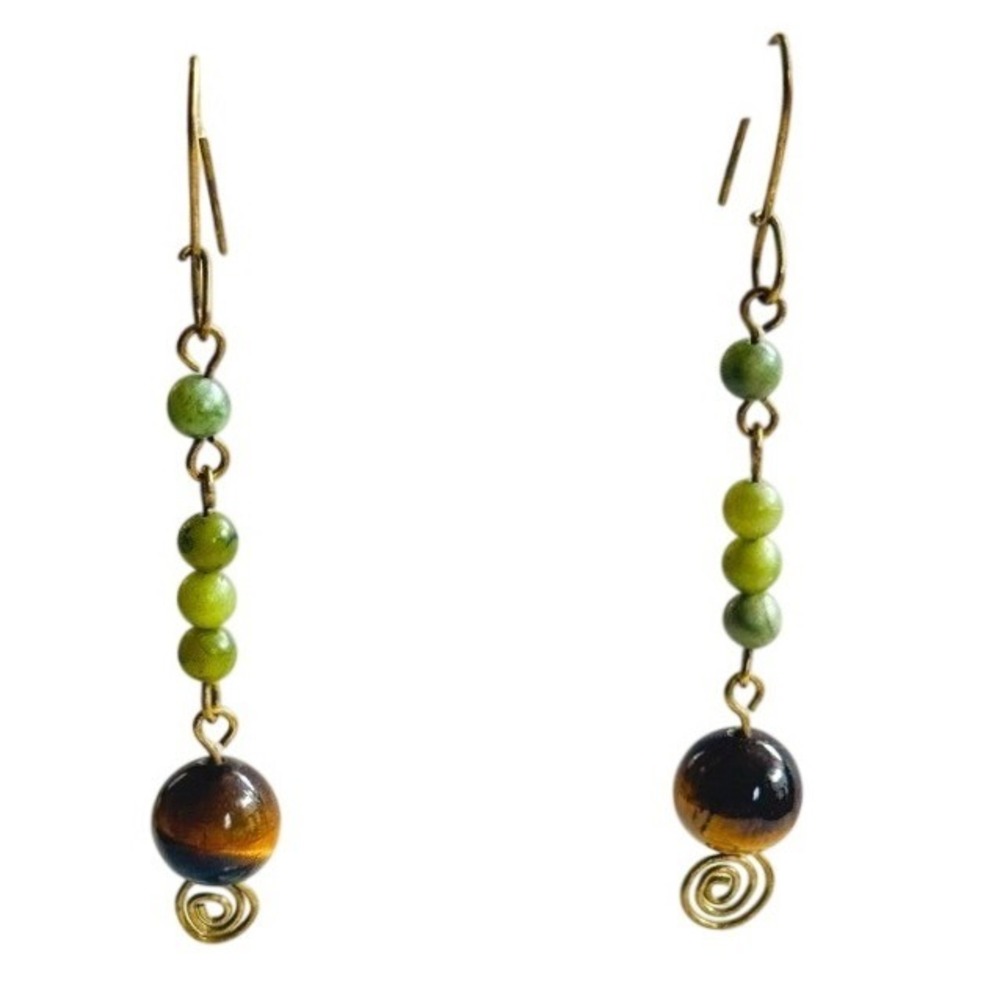 VTG BOHO Brass Swirl Earrings Tigers eyeā Jade Pierced Modernist 80s dangle 2.8"